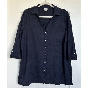 Chicos Linen Tunic Top Size 3/XL Navy Blue 3/4 Sleeve Stretch Button Up Shirt